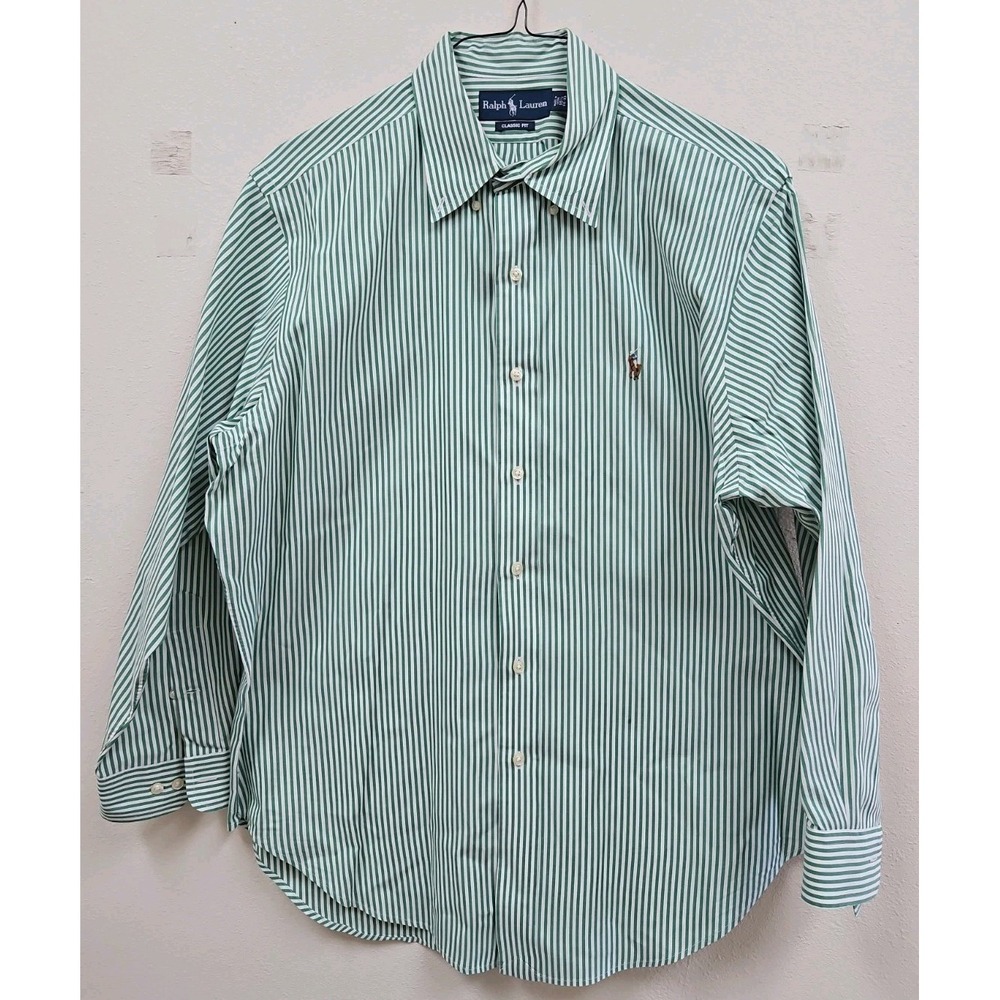 Ralph Lauren Classic Fit Green White Pinstripe  Long Sleeve Shirt 16 1/2 32/33
